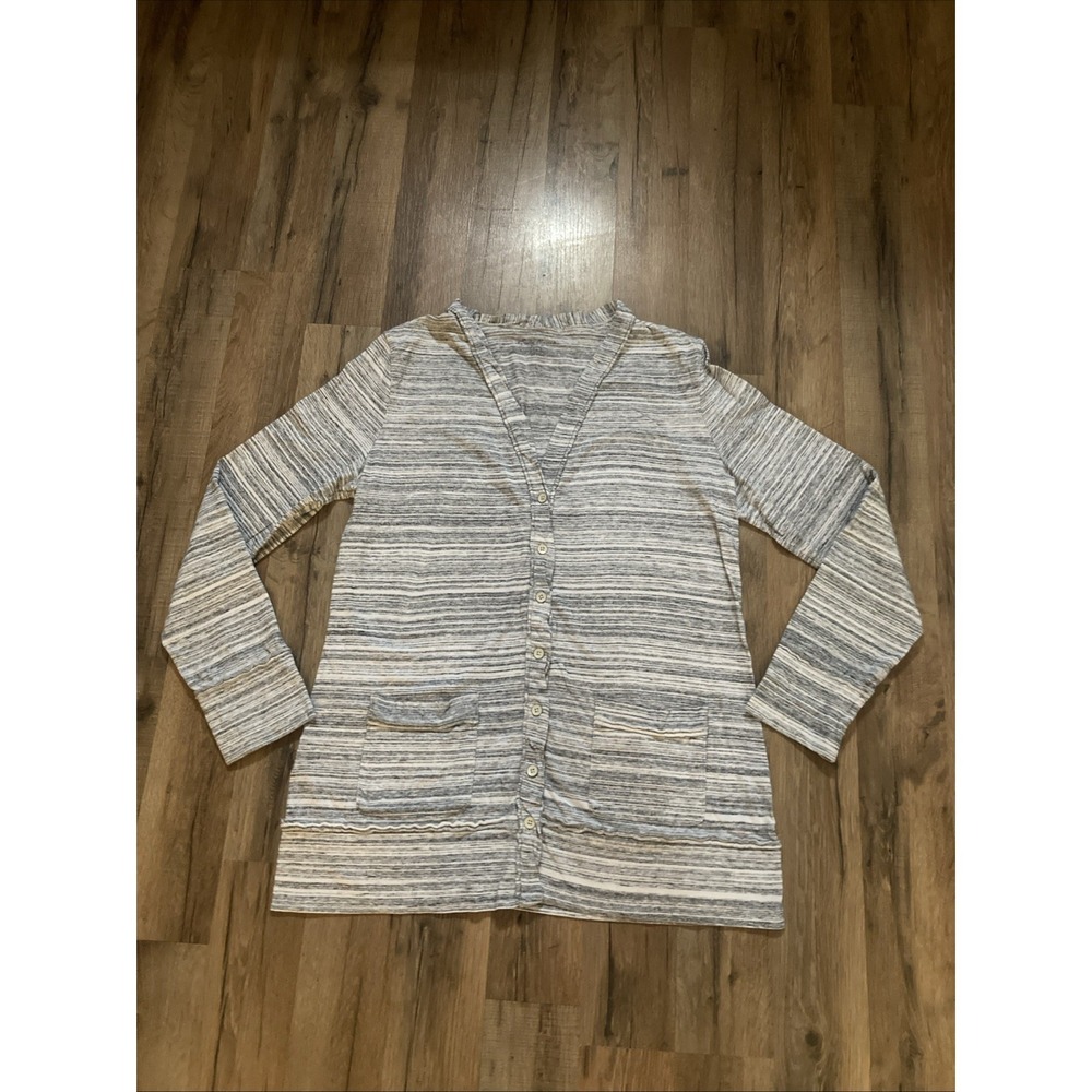 Eddie Bauer Cardigan Womens Medium Gray White Cotton Stripe Button Front